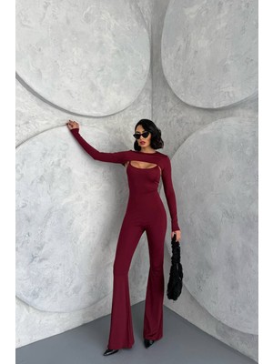 Neşeli Butik Kadın Bordo Bolero Detaylı Ispanyol Tulum NBDF120