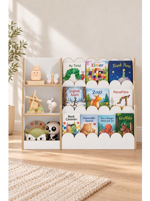 Vecta Runa Duo 2’si Bir Arada Ahşap Montessori Mdf Çocuk Kitaplığı ve Oyuncak Düzenleyici