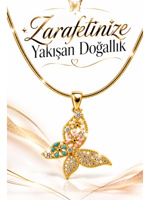 ASTRO STONES Zirkon Taşlı Kelebek Kolye, Altın Sarısı Çelik Zincir, 40+5 Cm, Kutulu Gönderim