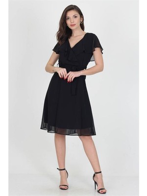 Dip Moda Neşeli Butik Kadın Midi Boy Yeni Sezon Kruvaze Yaka Melek Kol Şifon Elbise RY8081