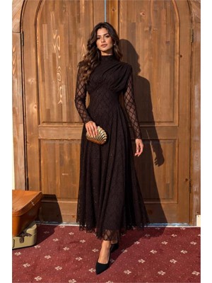 Dip Moda Kadın Kahverengi Dik Yaka Vatkalı Işıltılı Tam Boy Elbise NBMY4184
