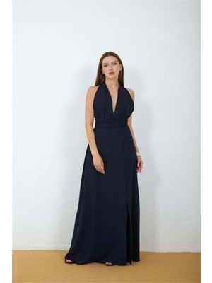 Dip Moda Kadın Lacivert Yırtmaçlı Halter Yaka Sırt Dekolteli Bağlama Detaylı Maxi Elbise DPMY4133