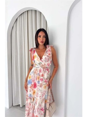 Dip Moda Kadın Pembe Omuz Bağlamalı Çiçek Desenli Kruvaze Yaka Midi Boy Elbise DPK4676