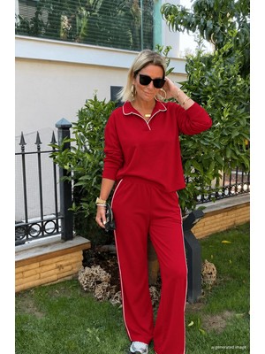 Trend Cojans Kadın Uzun Kollu Yakalı Ince Şerit Detaylı Viskon Iki Iplik Bluz ve Pantolon Ikili Takım