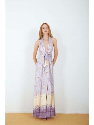 Dip Moda Kadın Mor Saten Kumaş Yırtmaçlı Çiçek Desen Bağlamalı Maxi Elbise DPMY4109