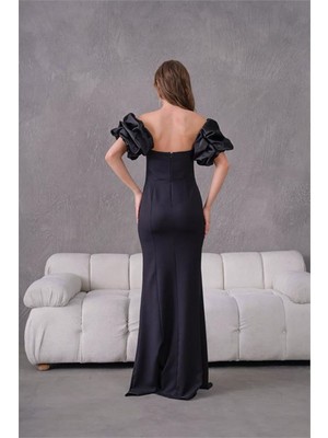 Dip Moda Neşeli Butik Kadın Siyah Taş Detaylı Kol Volanlı Abiye Elbise NBS9377