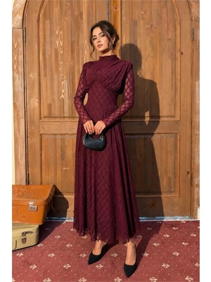 Dip Moda Kadın Bordo Dik Yaka Vatkalı Işıltılı Tam Boy Elbise NBMY4184