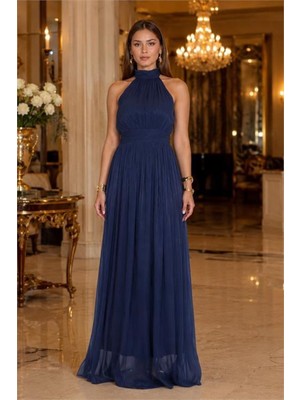 Dip Moda Kadın Lacivert Halter Yaka Janjan Kumaş Premium Abiye Elbise DPMY4128