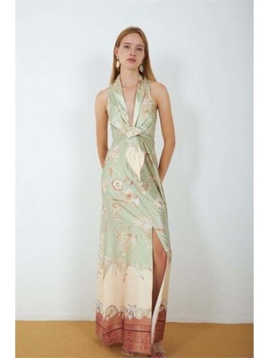 Dip Moda Kadın Yeşil Saten Kumaş Yırtmaçlı Çiçek Desen Bağlamalı Maxi Elbise DPMY4109
