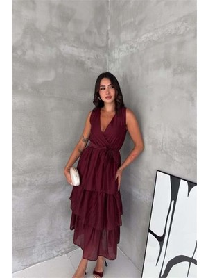 Dip Moda Kadın Bordo Kruvaze Yaka Kat Kat Kuşaklı Midi Boy Elbise DPK4674