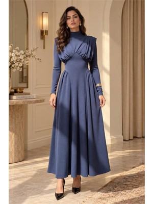 Dip Moda Kadın Mavi Dik Yaka Vatkalı Krep Kumaş Boyun Bağlamalı Elbise DPMY4158