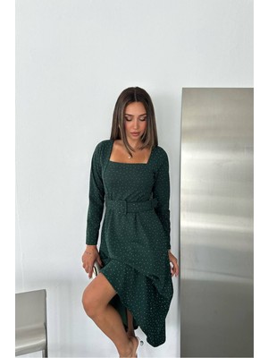 Dip Moda Kadın Yeşil Taş Işlemeli Kare Yaka Kemerli A Kesim Midi Elbise DPK5005