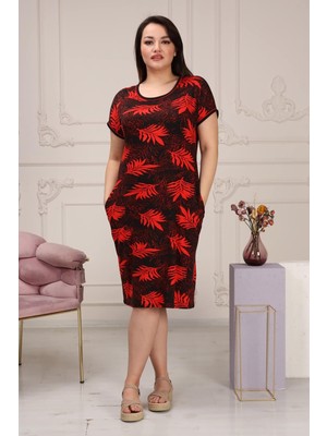 Neşeli Butik Kadın Esnek Viskon Büyük Beden Elbise AYSL58 - Kırmızı