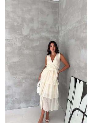 Dip Moda Kadın Bej Kruvaze Yaka Kat Kat Kuşaklı Midi Boy Elbise DPK4674