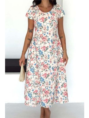 Dip Moda Kadın Pembe Yuvarlak Yaka Çiçekli Midi Boy Bel Bağlamalı Elbise DPK4616