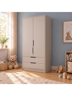 Bimossa KG2230 Winnie 2 Kapaklı Gardırop Kumtaşı, 80 cm Askılı ve 2 Çekmeceli Bebek ve Çocuk Odası Gardırobu