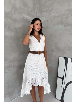 Dip Moda Kadın Beyaz Fisto Işlemeli Kemerli Midi Boy Asimetrik Elbise DPK4673