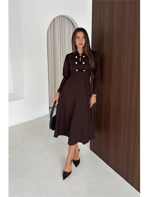 Dip Moda Kadın Kahverengi Düğme Detaylı Uzun Kol A Kesim Midi Elbise DPK5022