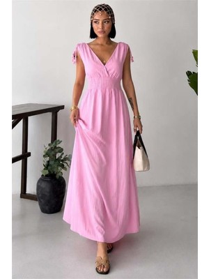 Dip Moda Kadın Pembe Bel Lastikli Kruvaze Yaka Omuz Bağlama Detaylı Tam Boy Elbise DPG133