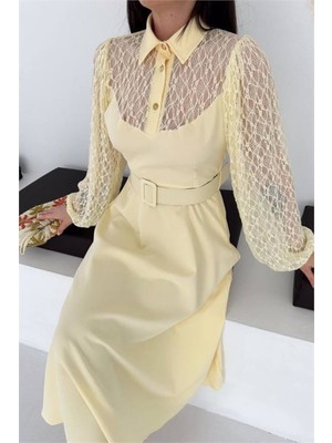 Dip Moda Kadın Sarı Gömlek Yaka Transparan Üst Detaylı Kemerli Midi Boy Elbise DPK4581