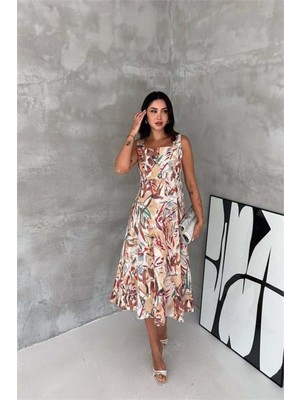 Dip Moda Kadın Kırmızı Kare Yaka Çiçek Desenli Kolsuz Beli Oturan Midi Elbise DPK4670