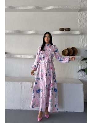Dip Moda Kadın Pembe Fırfır Detaylı Çiçek Desenli Atlas Kumaş Düğmeli Tasarım Elbise DPMS26102