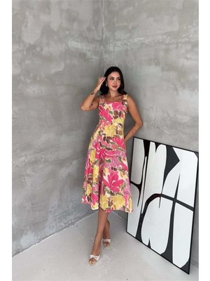 Dip Moda Kadın Pembe Kare Yaka Çiçek Desenli Kolsuz Beli Oturan Midi Elbise DPK4670