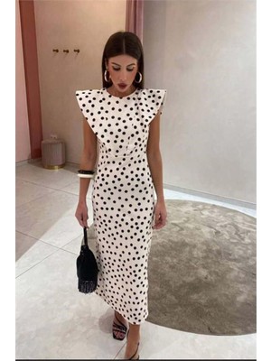 Dip Moda Kadın Beyaz Omuz Vatkalı Puantiye Desen Midi Boy Kalem Elbise DPEMP3042