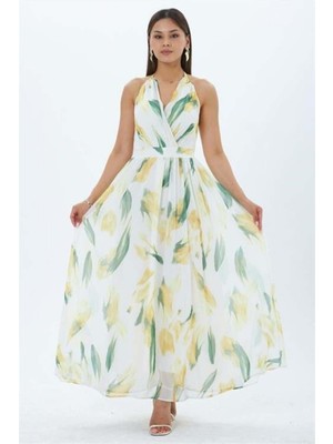 Dip Moda Kadın Sarı Yaprak Desen Halter Yaka Maxi Boy Elbise DPMY4122