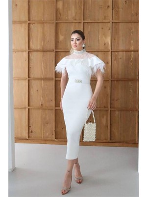 Dip Moda Kadın Dantelli Midi Boy Taşlı Tasarım Elbise DPNC2521
