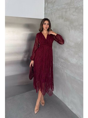 Dip Moda Kadın Bordo Simli Desenli Kruvaze Yaka Drape Detaylı Midi Asimetrik Elbise DPK5037