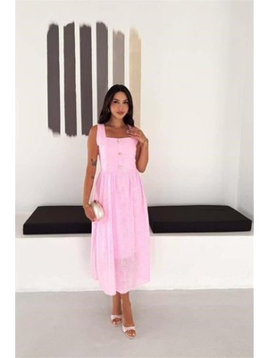 Dip Moda Kadın Pembe Fisto Işlemeli Düğme Detaylı Midi Boy Kare Yaka Elbise DPK4644