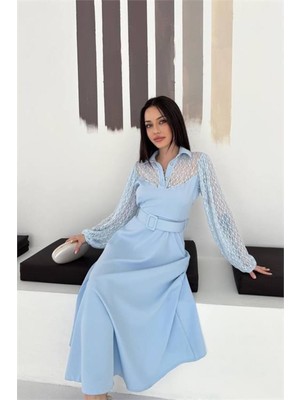 Dip Moda Kadın Bebe Mavi Gömlek Yaka Transparan Üst Detaylı Kemerli Midi Boy Elbise DPK4581