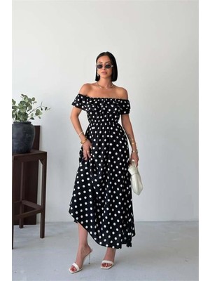 Dip Moda Kadın Siyah Madonna Yaka Fırfır Detaylı Desenli Midi Boy Elbise DPG136