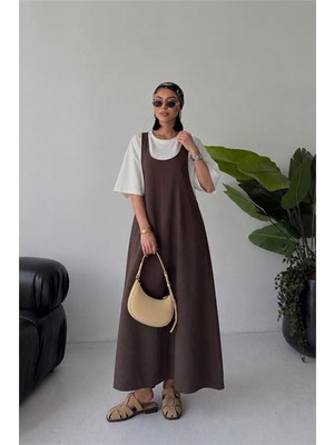 Dip Moda Kadın Kahverengi Salaş Kesim Yazlık Jile Elbise Tişört Takım DPG131