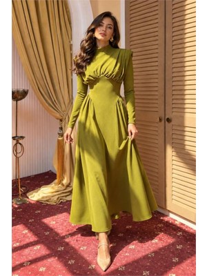 Dip Moda Kadın Yeşil Dik Yaka Vatkalı Krep Kumaş Boyun Bağlamalı Elbise DPMY4158