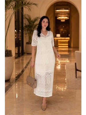 Dip Moda Kadın Bej Ajurlu Midi Boy Dantel Elbise DPK093