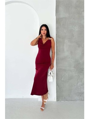 Dip Moda Kadın Bordo Omuz Gold Toka Detaylı Midi Boy Elbise DPK090