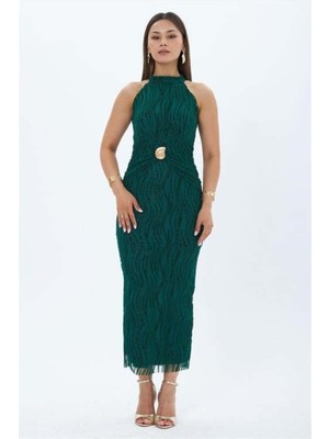 Dip Moda Kadın Yeşil Flok Baskılı Halter Yaka Gold Kemer Detaylı Midi Boy Elbise DPMY4023
