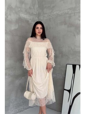 Dip Moda Kadın Bej Transparan Dantel Detaylı Tül Midi Elbise --- DPK4571