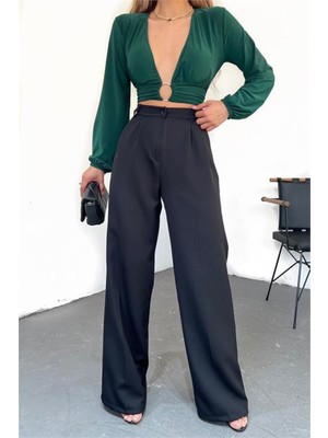 Dip Moda Kadın Siyah Yüksek Bel Palazzo Pantolon DPQNS044