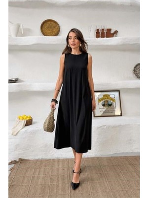 Dip Moda Kadın Siyah Cep Detaylı Kolsuz Oversize Yazlık Elbise DPNP038