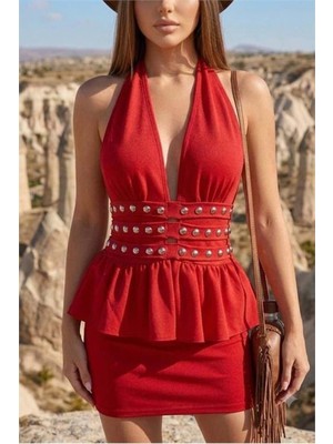 Dip Moda Kadın Kırmızı Halter Yaka Taş Detaylı Mini Boy Dalgış Kumaş Peplum Elbise DPDF265
