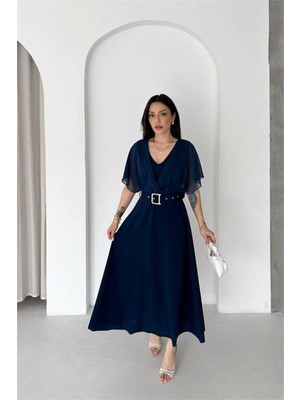 Dip Moda Kadın Lacivert Şifon Kol Detaylı V Yaka Kemerli Midi Boy Elbise ----DPK085