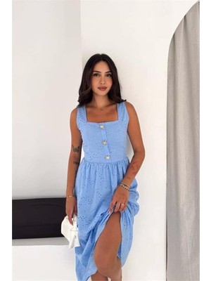 Dip Moda Kadın Bebe Mavi Fisto Işlemeli Düğme Detaylı Midi Boy Kare Yaka Elbise DPK4644