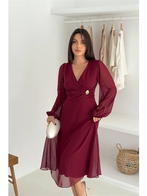 Dip Moda Neşeli Butik Kadın Bordo Astarlı Tokalı Şifon Elbise NBK30281