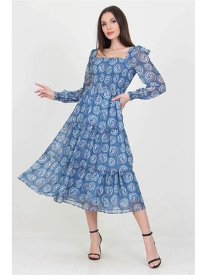 Dip Moda Kadın Indigo Gipeli Kare Yaka Desenli Şifon Elbise DP100361