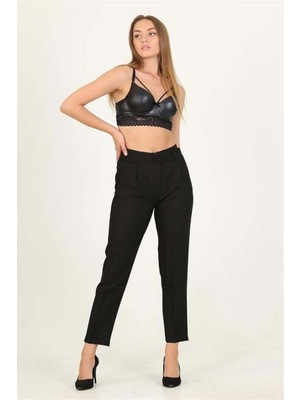 Dip Moda Kadın Siyah Kemerli Beli Lastikli Yeni Sezon Kumaş Pantolon DPQNS032