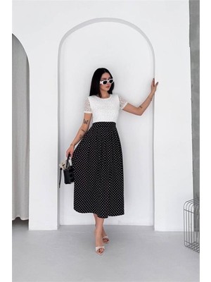 Dip Moda Kadın Siyah Dantel Detaylı Puantiye Desenli Midi Boy Elbise --- DPK4608