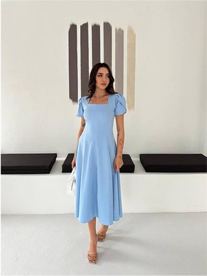 Dip Moda Kadın Bebe Mavi Kare Yaka Balon Kol Midi Boy Elbise DPK4550